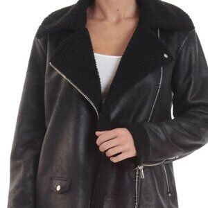 Avec Les Filles Faux Shearling Black Biker Jacket V2908 Size Medium
